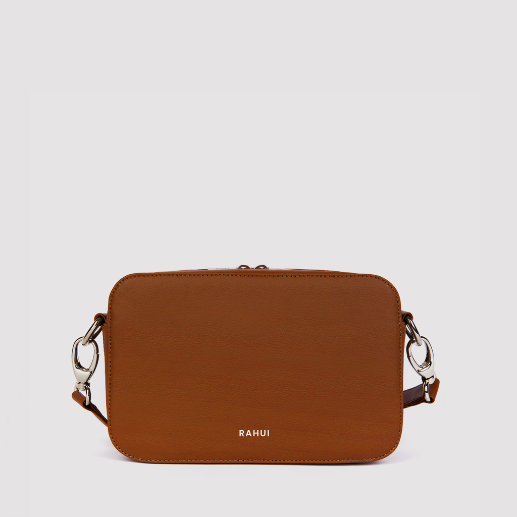 Tan apple leather cross body bag front view