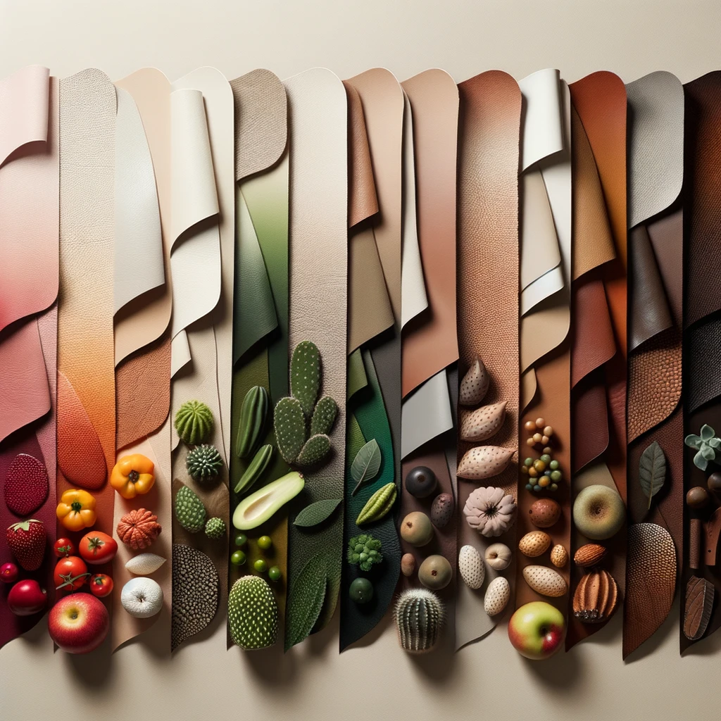 A visually striking photo where different vegan leather types are arranged in a gradient or spectrum.