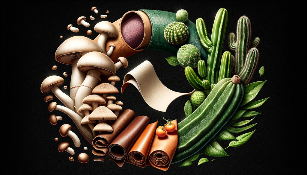  A dynamic image showcasing the transformation of raw plant materials like mushroom caps, cactus, and bamboo shoots into finished plant leathers