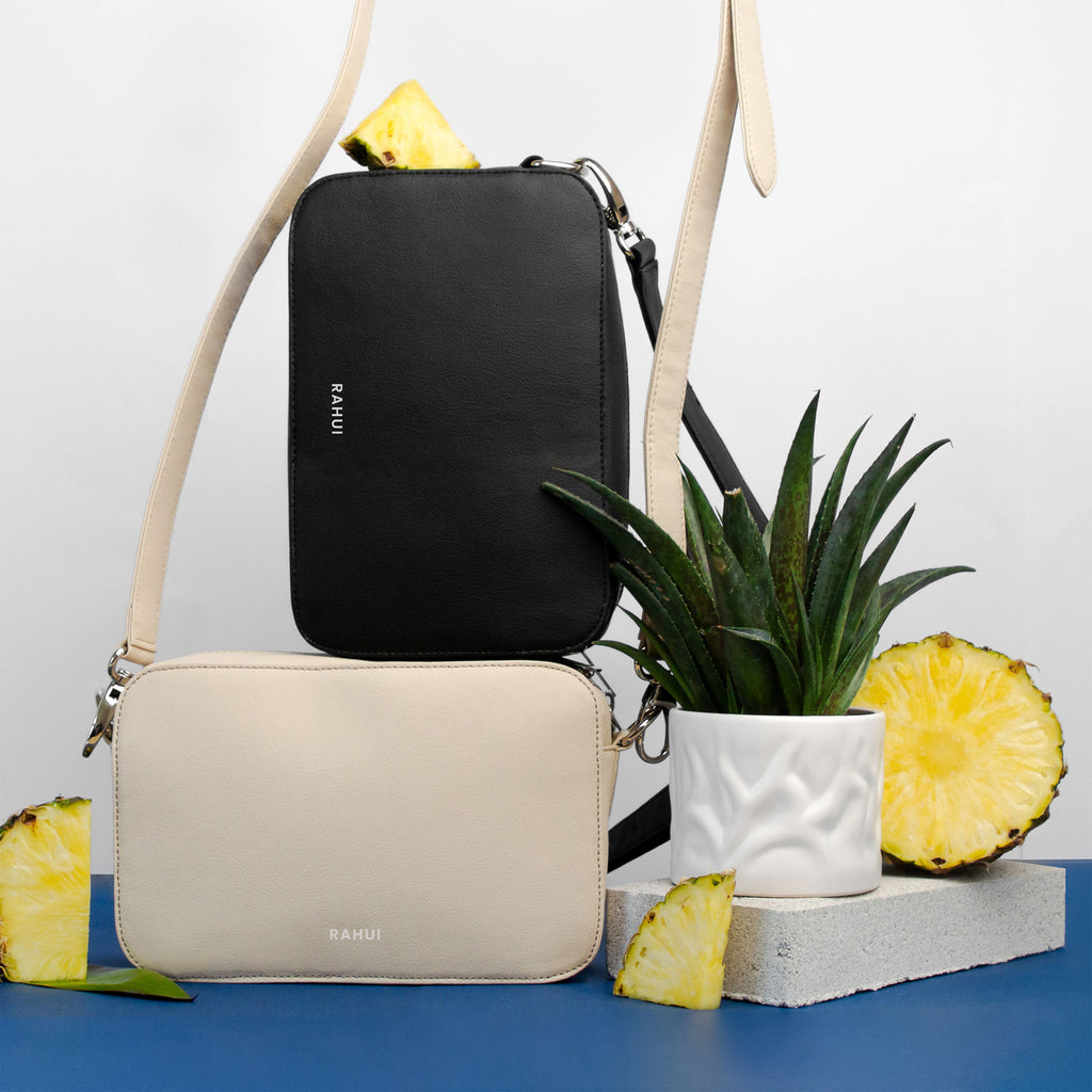 Rahui natural and black Pinatex Pine Cross Body Bags with pineapples