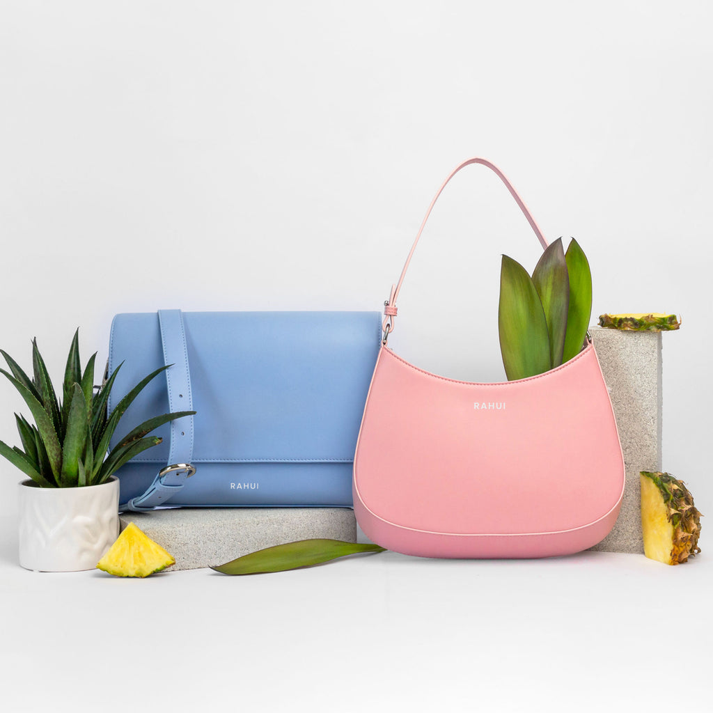 Rahui apple leather blue shoulder bag and pink mini bag