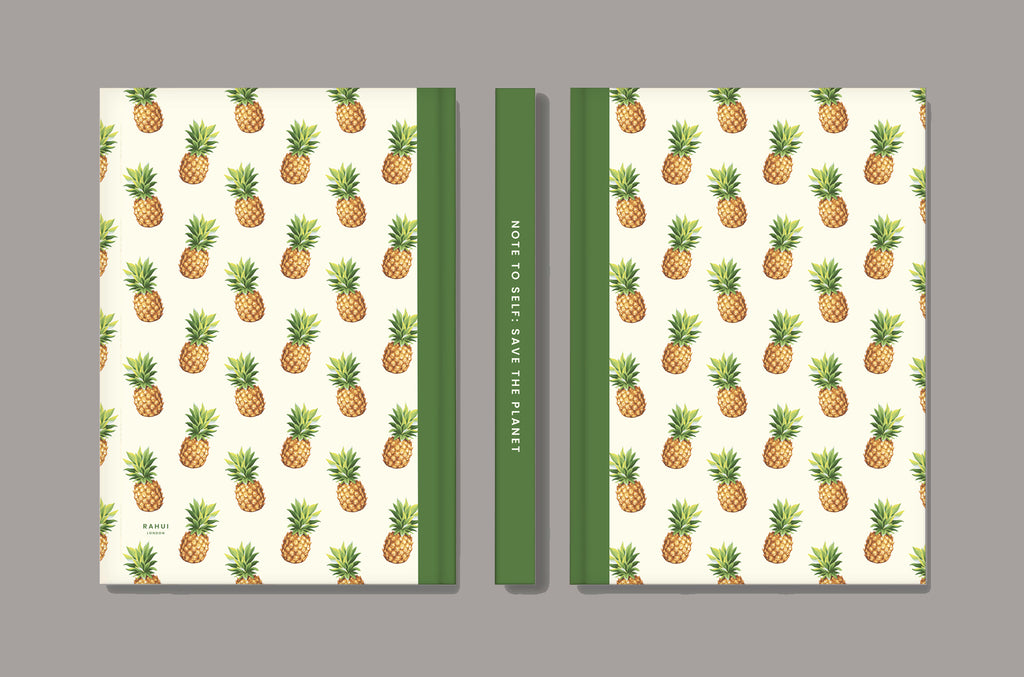 Pineapple lining print notebook front, back and spine view