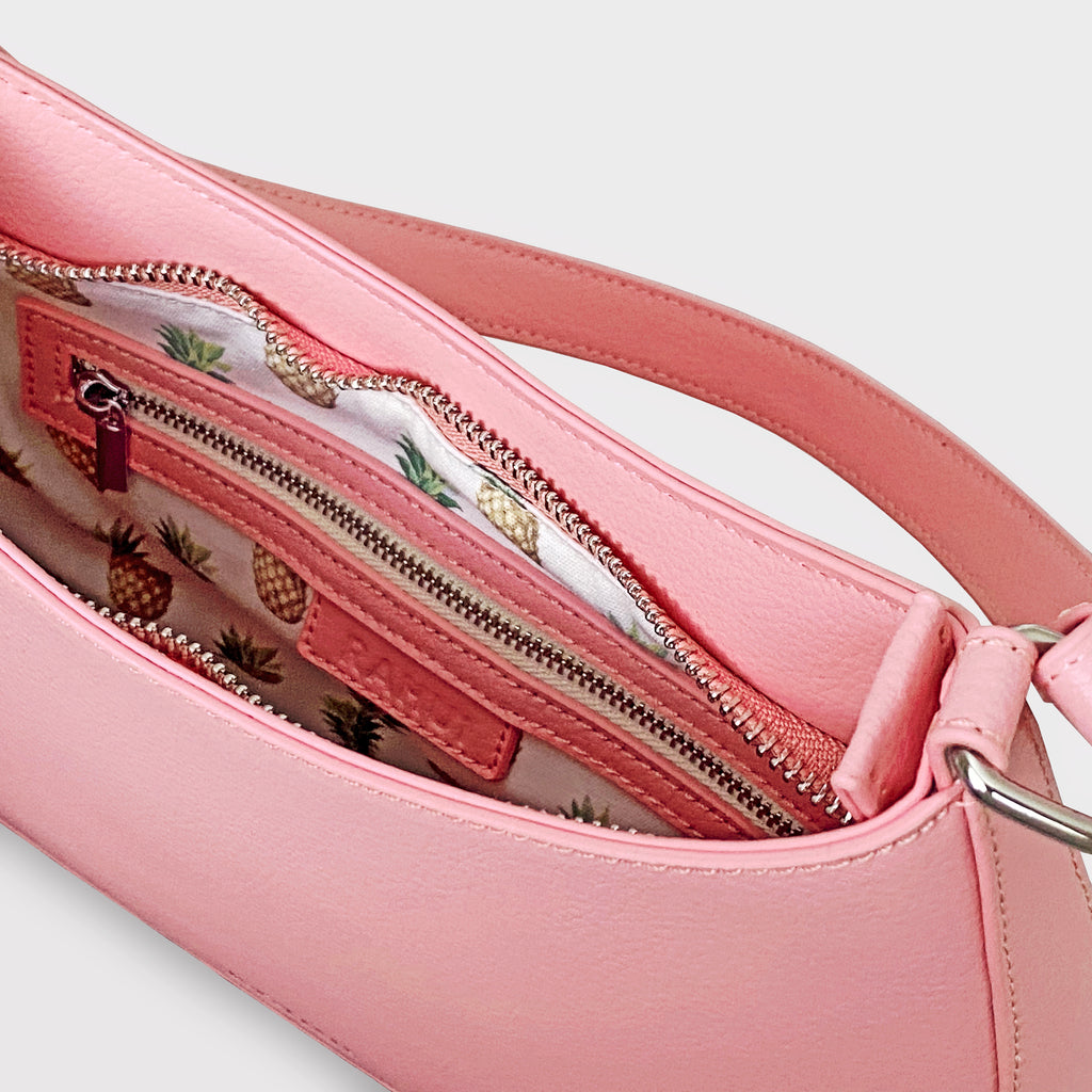 Rahui London Pink Apple Leather Vegan Mini Handbag Inside View of Pineapple print lining