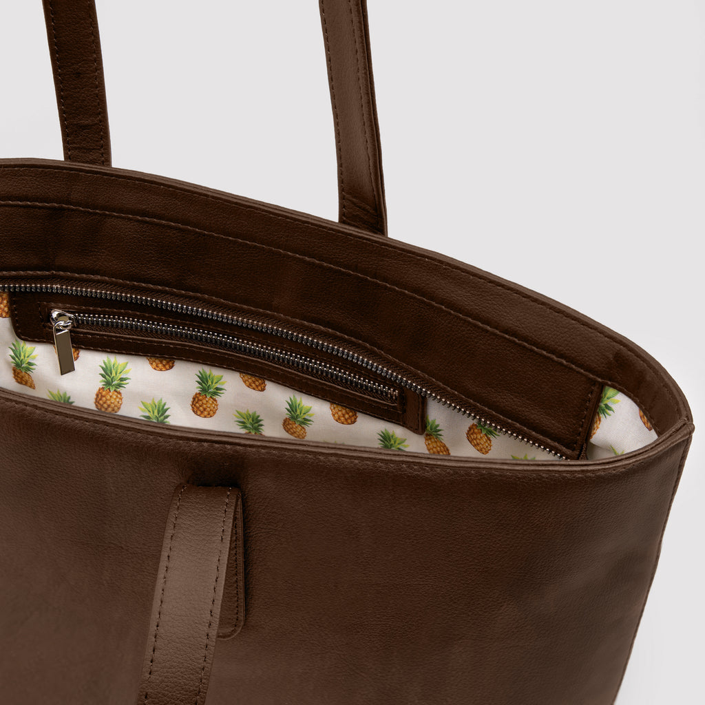 Rahui Pinatex Tote Bag Zip View | Brown Pinatex Performance Pineapple Classic Collection Rahui London