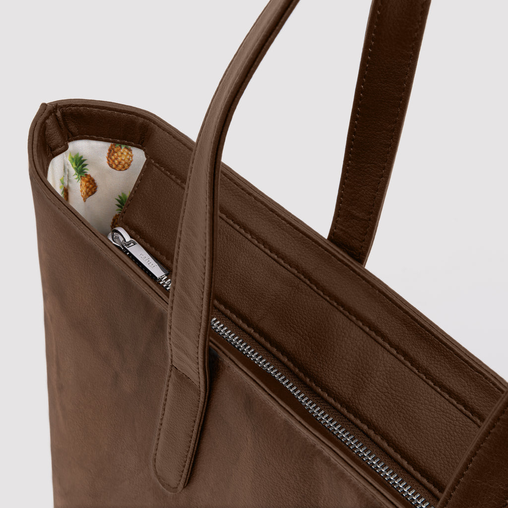 Sequoia Zip Tote close up view of zip | Brown Pinatex Performance Pineapple Classic Collection Rahui London