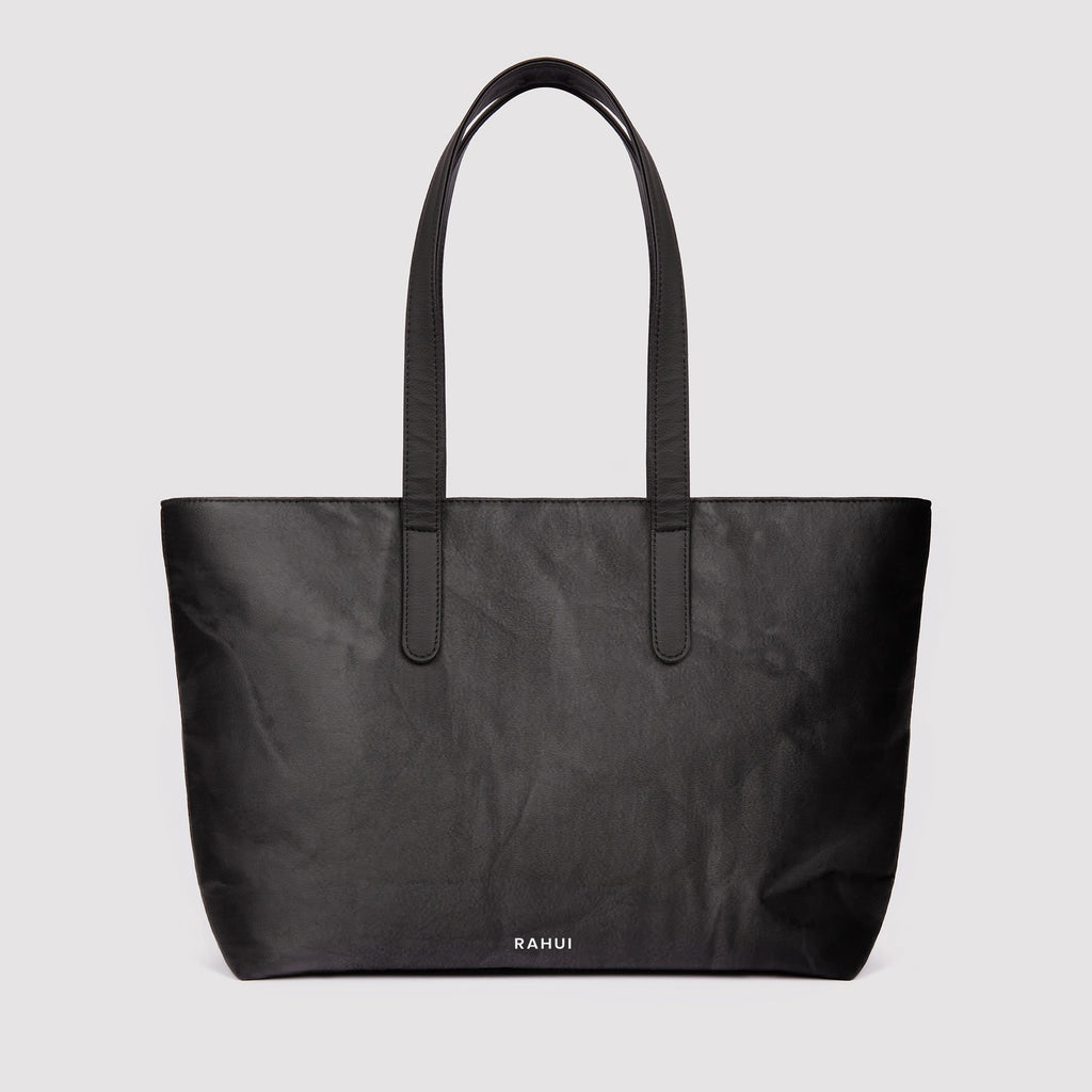 Sequoia Zip Tote Front View | Black Pinatex Performance Pineapple Classic Collection Rahui London