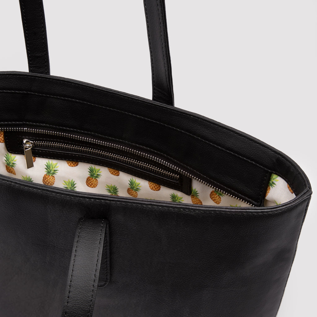 Rahui Pinatex Tote Bag Zip View | Black Pinatex Performance Pineapple Classic Collection Rahui London