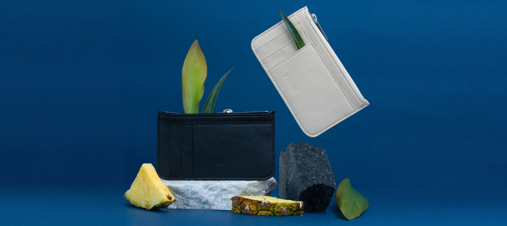 Rahui Natural and Black Pinatex Cedar Zip Wallet with Pineapples