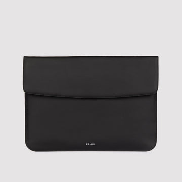 Front view of black Rahui laptop sleeve made from Cactus leather on white background