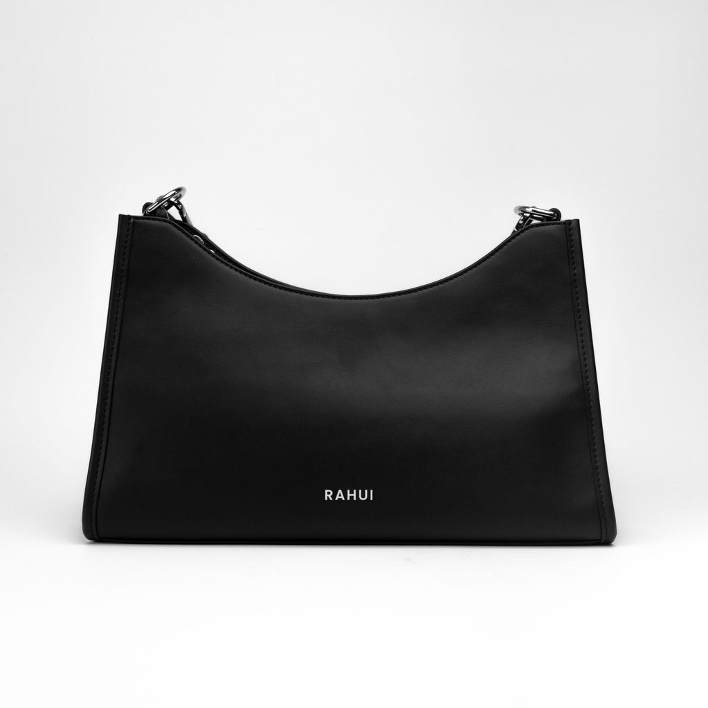 Rahui London Black Apple Leather Vegan Baguette Bag Front View On White Background