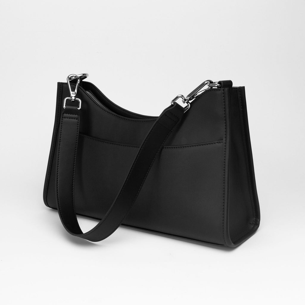 Rahui London Black Apple Leather Vegan Baguette Bag Side View On White Background