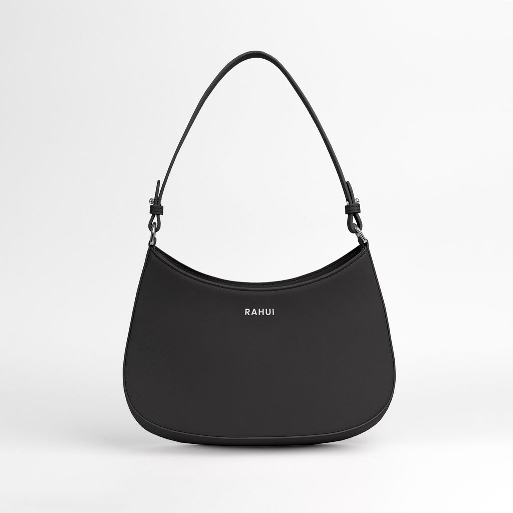 Rahui London Black Apple Leather Vegan Mini Handbag Full Handle View On White Background