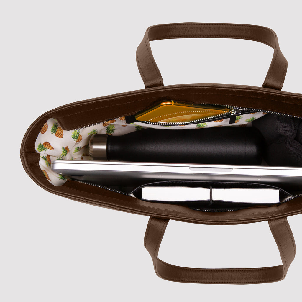 Sequoia Zip Tote Top view with zip open | Brown Pinatex Performance Pineapple Classic Collection Rahui London