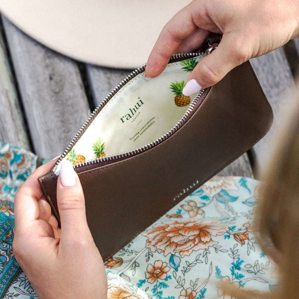 Rahui Brown Pinatex Sakura Mini Clutch open showing Pineapple Lining print