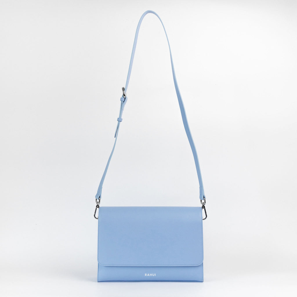 Rahui London Blue Apple Leather Vegan Shoulder Bag Full Handle View On White Background