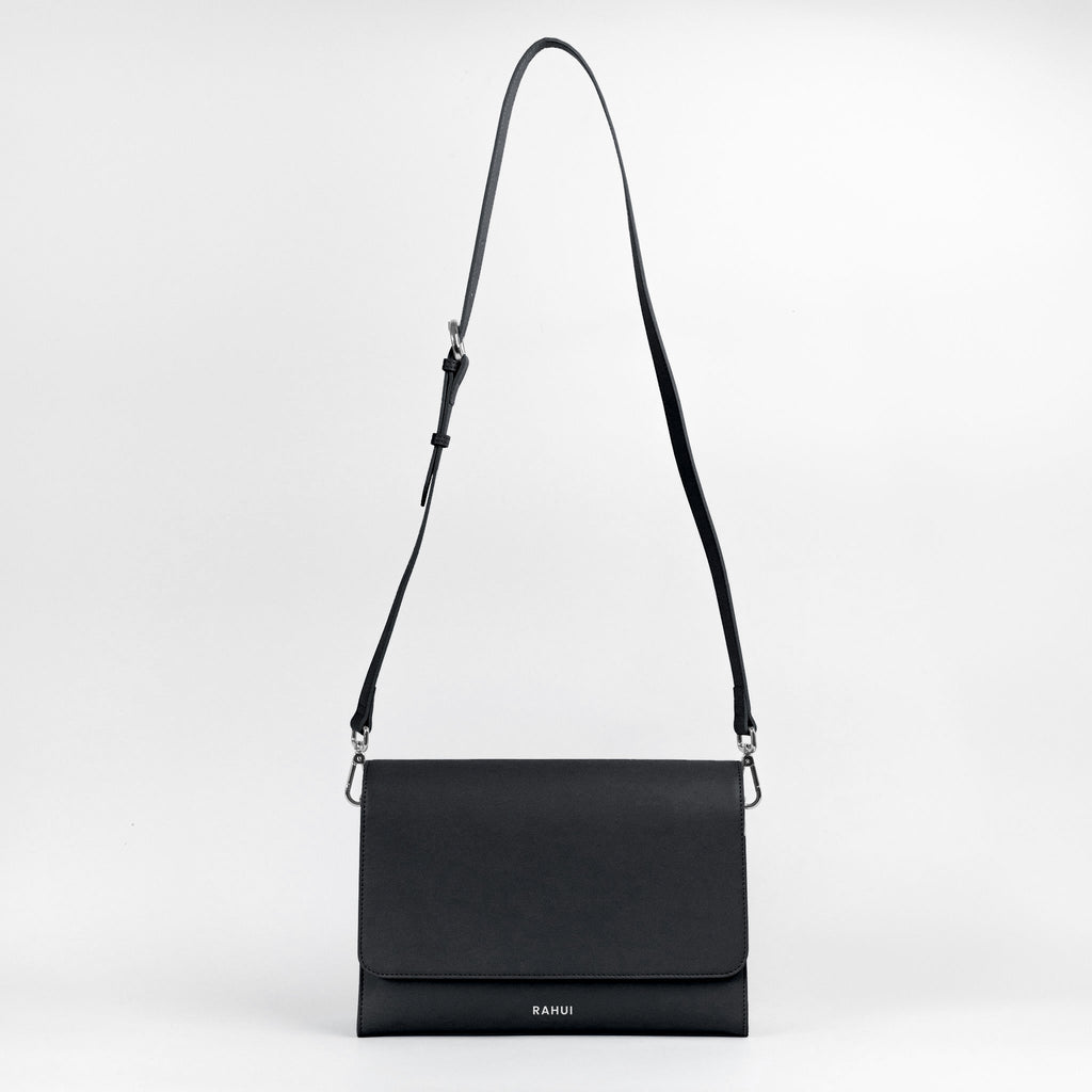 Rahui London Black Apple Leather Vegan Shoulder Bag Full Handle View On White Background